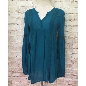 Arizona Jeans Juniors Teal Tunic Top Long Sleeve Crochet Crinkle Rayon Size S